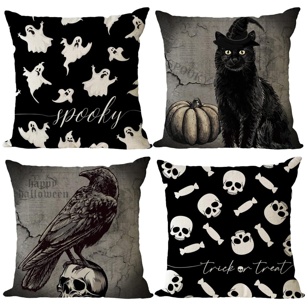7299 Set of 4 Halloween Pillow Covers 14x14 Inch Spooky Skull Ghost Decor